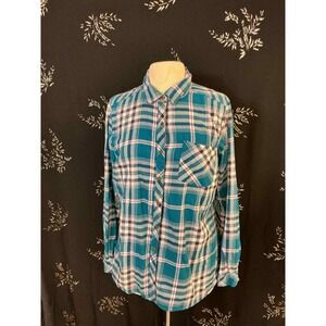Sonoma Goods For Life Womens Teal Blue Pink Plaid Flannel Button Down Shirt L